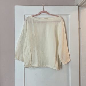 Eileen Fisher 100% Organic Cotton Ivory Long Sleeve Tunic Top Shirt Raw Hem Med